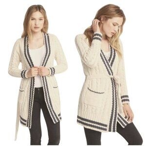 NEW Chaser Cable Knit Belted‎ Cardigan In Cake/Cream & Blue Jay Stripe Size M